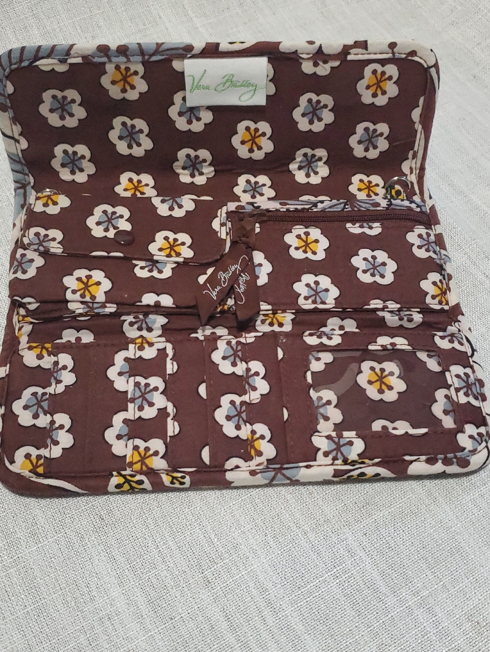Vera Bradley Brown Floral Quilted Wallet with Yellow and Cream Accents X-long